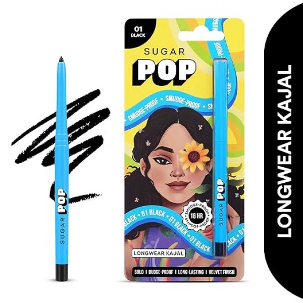 SUGAR POP 16Hr Longwear Kajal | Waterproof & Smudge-Proof | Intense Matte Finish | Sunflower Seed Oil & Vitamin E | Velvet Smooth Application | Transfer-Proof | 0.3gm - Black