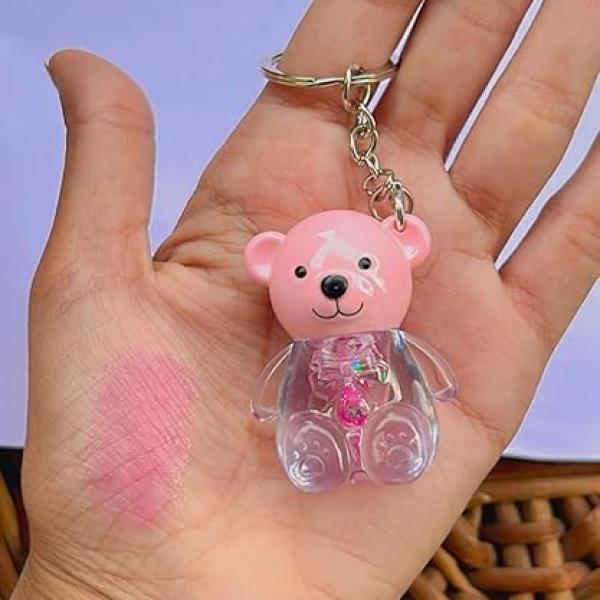 Teddy shape Lipglos korean bear Keychain lipgloss pink shiny lips waterproof long lasting (Pack of 4)