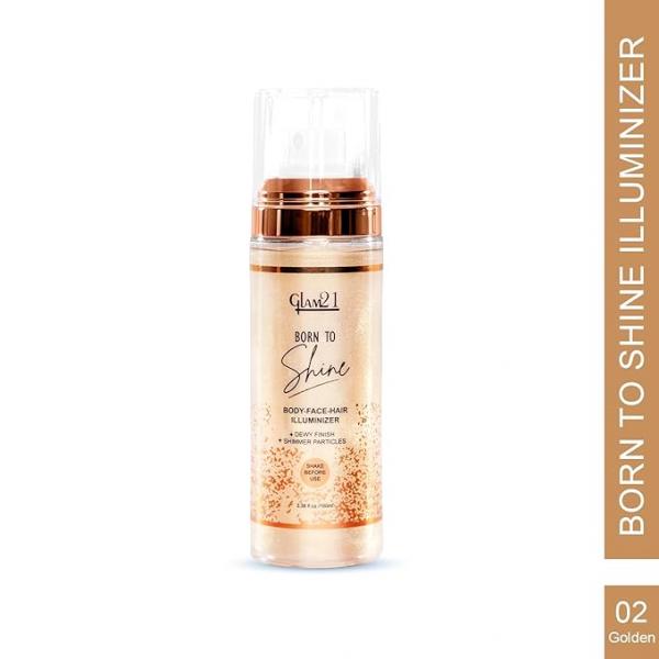 Glam21 Born to Shine Long Lasting | Non-transferrable | With Shimmer particles |Dewy Finish|Single illuminiser for hair, body and face| Golden| 100ml