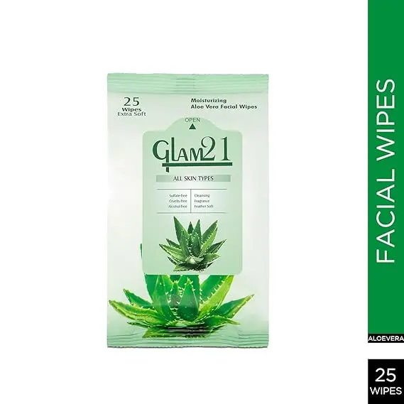 Glam21 Facial Wipes | Super-Soft & Moisturizing | With Aloe Vera Extracts | Clean Dust & Dirt Particles | 25 PCS per set ( Set of 3 )